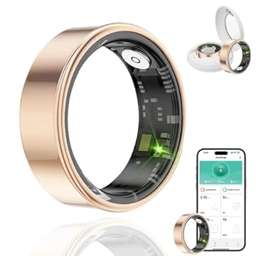 HPLSZCN Smart Ring for Men Women with Charging Case, Multi-Sport Mode Pedometer, Heart Rate, SpO2, Sleep, IP68 Waterproof, Fitness Activity Tracking Ring Android iOS, Size 8, Black (Gold, 12)