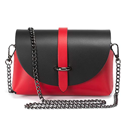Ira del Valle, Modelo Berlin, Bolso Bandolera de Mujer, Pochette Elegante Moda con Correa para Hombro, Pequeño Bolso de Mano, Clutch de Piel Auténtica, Made in Italy (Rojo y Negro)