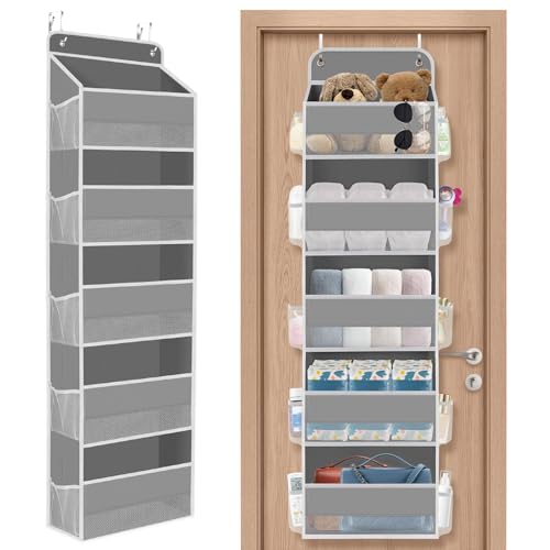 SpaceHacks 1 Pack Over The Door Organizer, Hanging Storage Organizer with Clear Window, 40lb Ultra Sturdy Large Capacity Room Organizer for Pantry Laundry Bathroom Nursery Closet Baby Essential (Grey)