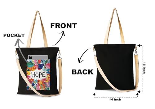 Image of ZORI Black Sling Tote Bag With Pocket and with Beige Straps, Tote Bags For Women large capacity,Tote bag For Shopping, College, Travel, More Canvas Handbag For Unisex