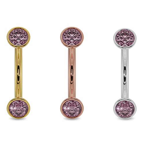 Freshtrends Dainty Pink Sapphire Bezel-Set Curved Barbell For Eyebrow Rook Belly, 14K Rose Gold | 14G | 3/8" (9.5Mm) #TOP2