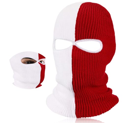 BBTO Máscara de Esquí Invierno Pasamontañas de Cara Completa 2 Agujeros de Punto de Deportes(Rojo y Blanco,Estilo Clásico)