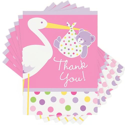 Baby Girl Stork Thank You Note Cards - 5.5" x 4", Pink, 8 Pcs