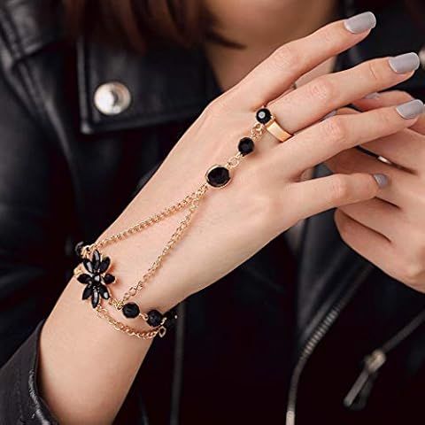 Yalice Rhinestone Finger Bracelet Ring Black Crystal Hand Chains Flower Slave Finger Chain Fashion Charm Hand Jewelry for Women Cover
