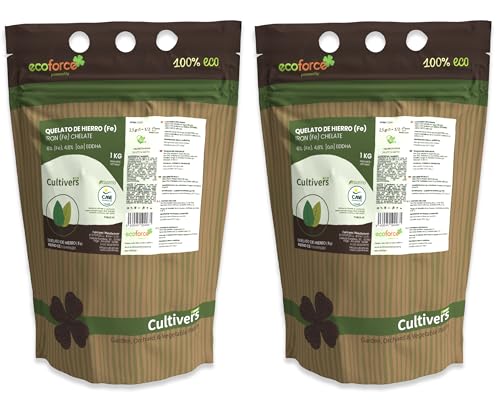 CULTIVERS Quelato de Hierro Fertilizante Ecológico de 2x1 Kg. Reverdeciente anticlorosis. Nutriente Fundamental para Las Plantas (6% Fe-EDDHA orto orto 4,8%)