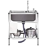 QQXX Utility Sink Free Standing,Single Bowl Kitchen Sink with Cold and Hot Water Faucets,Commercial Stainless Steel Sink with Storage Shelve for Laundry Room Bathroom Farmhouse