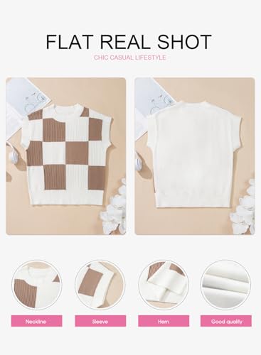 EVALESS Fall Sweaters for Women 2026 Round Neck Short Sleeve Sweater Vests Trendy Color Block Knit Cap Sleeve Blouses Tops Womens Spring Winter Outfits Fashion Clothes Khaki Large