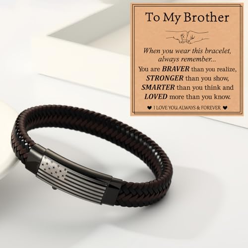 Leather Bracelet for Men American Flag Mens Leather Bracelet with Card Adjustable Leather Cuff Bracelets for Men Jewelry Gifts for Dad Son Brother Man Husband Boyfriend2