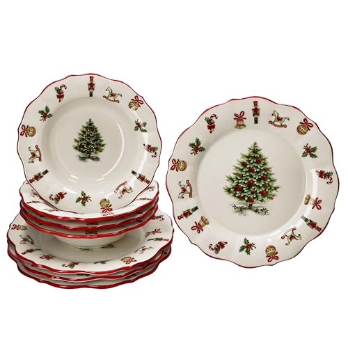 MamboCat Maestro Natale 8tlg Tafelservice I italienisches Keramik-Geschirr für 4 Personen mit Weihnachtsdekor I 4x tiefe Suppenteller & 4x flache Speiseteller für Weihnachten, Advent & Nikolaus