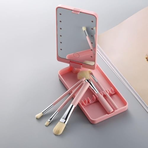 Image of PRIME PICK Glow Pro Vanity Mirror 2 in 1 Rotatable Makeup Mirror LED Light Dimmable Touch Control with 5 Makeup Brushes Portable Travel Beauty Mirror for Women Pink