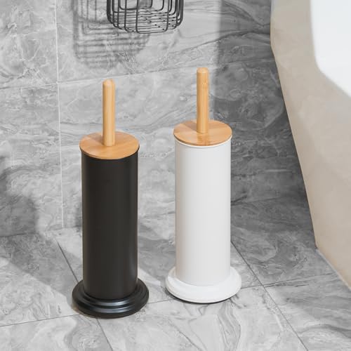 Image of Toilet Bowl Brush and Holder, Toilet Brush with Bamboo Handle and Covered Holder, Dual Brush Options, Weighted Metal Base (Black)