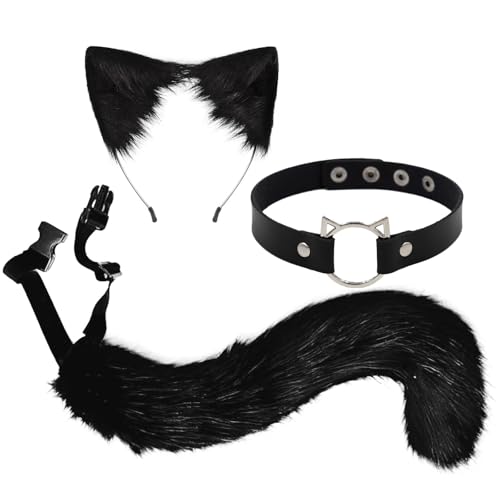 Scinzene Katzenohren Katzenkostüm Katzenohren Haarreif Katzenschwanz und Halsband aus Plüsch Perfekt für Halloween Karneval Cosplay Kostümpartys und Katze Kostüme