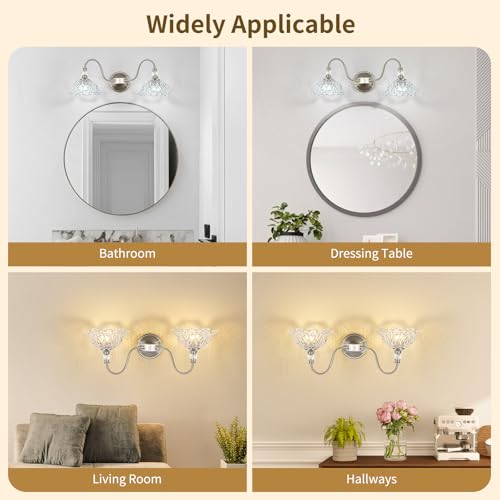 Image of Brushed Nickel Bathroom Vanity Light, 2-Light Vanity Light with Floral Clear Glass Shades, Nickel Wall Mount Lighting for Bathroom, Dressing Table