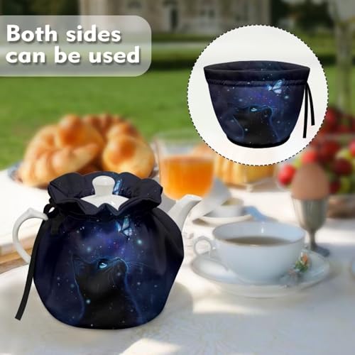 Image of Xoenoiee Cat Butterfly Galaxy Print Tea Cozy Cotton Tea Cosy for Teapots Keep Warm Teapot Cover Insulated Kettle Cover for Home Kitchen Table Decor