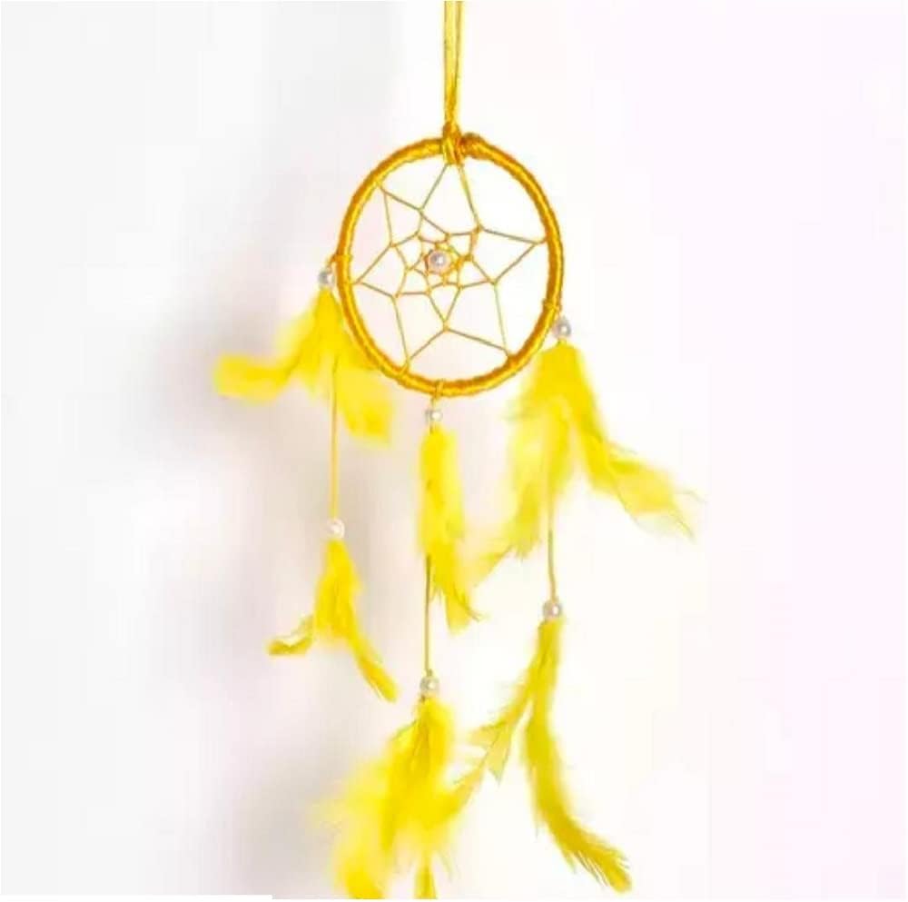 SoilMade Yellow Car Dream Catcher, Round Shape, Feather and Metal Made, Size Aprox 5inches and 25g, Pack of 1 Car Dream Catcher in Box