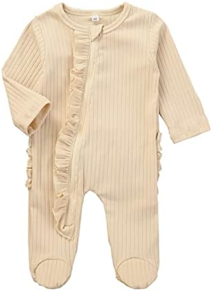 Lelloing Newborn Baby Boy Long Sleeve Romper Infant Girls Solid Color Footed Onesie Ribbed Jumpsuit Unisex Basic Pajamas(Pajama-Beige,0-3M)