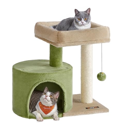 Feandrea Cat Tree, Small Cat Tower with Sisal Scratching Post, Plush Condo with Padded Perch, for Small Spaces, Kittens, Grass Green and Camel Brown UPCT050C01 Grass Green + Camel Brown