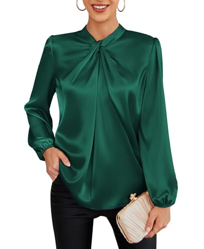 Women 2024 Fall Fashion Blouses Tops Casual Long Lantern Sleeve Satin Slim Fit Shirts Dark Green S