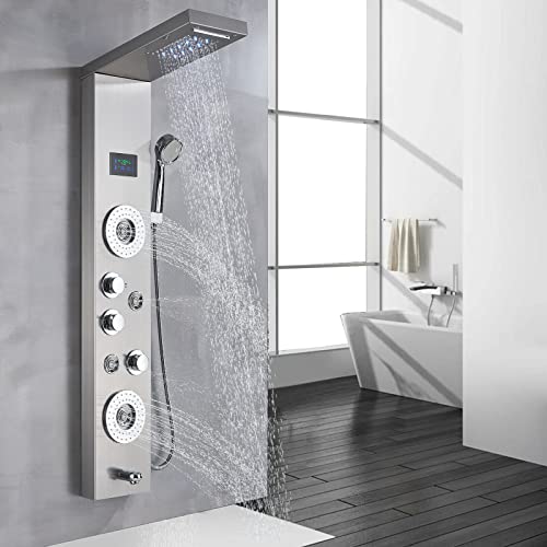 Panel de ducha LED con torre grifería, sistema de chorros de lluvia y masaje corporal, acero inoxidable