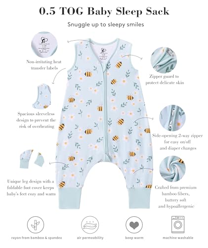 Image of Baby Sleep Sack with Feet 6-12 Months 0.5 Tog 95% Rayon from Bamboo 5% Spandex Breathable Sleep Sacks Baby Walker Quilted Wearable Blanket with Legs 2-Way Zipper Little bee