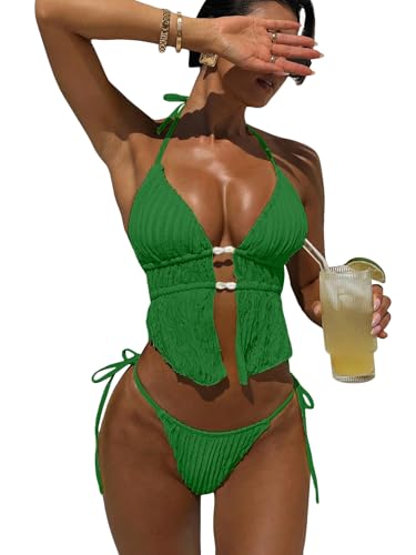 Image of RoseSeek Women's 2 Piece Boho Polka Dots Beaded Bikini Sets Sexy Swimsuits | Halter Swimsuits, Backless, Textured, Tie Side, Tankini Set, Bathing Suits, Summer, Vacation