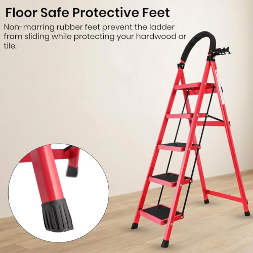 Image of Casa Copenhagen Red 5 Step Ladder for Home Use with Built-in Tool Tray | Heavy Duty D Shape Rods | Ultra Large Platform | Secure Lock and Stability | 150Kg Capacity Foldable Ladder - 7 Years Warranty