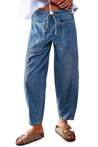 yoeasy Womens Low Rise Barrel Jeans Elastic Drawstring Loose Wide Leg Cropped Denim Pants Y2k Baggy Boyfriend Jeans