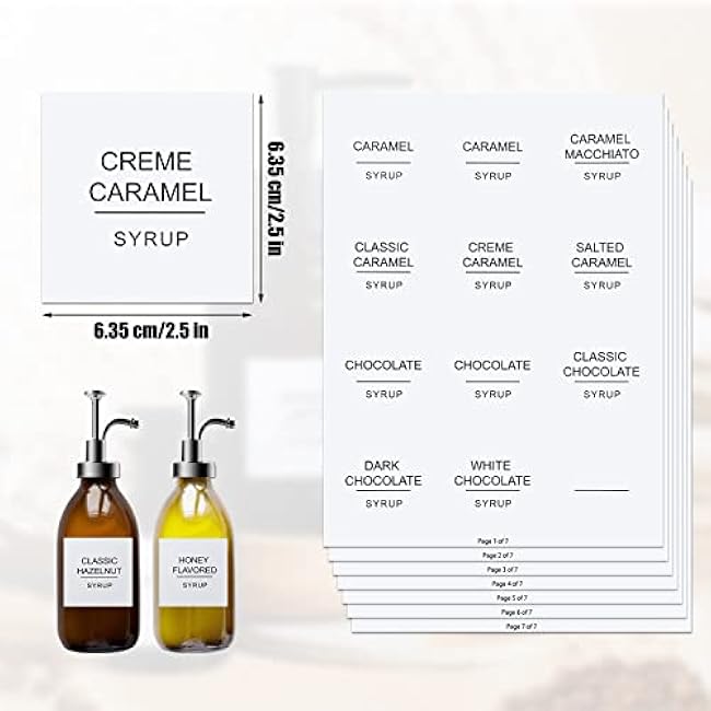 AIEX Coffee Syrup Labels, 84pcs Waterproof White Minimalist Stickers for Bottles, Bar Containers, Dispenser Organization
