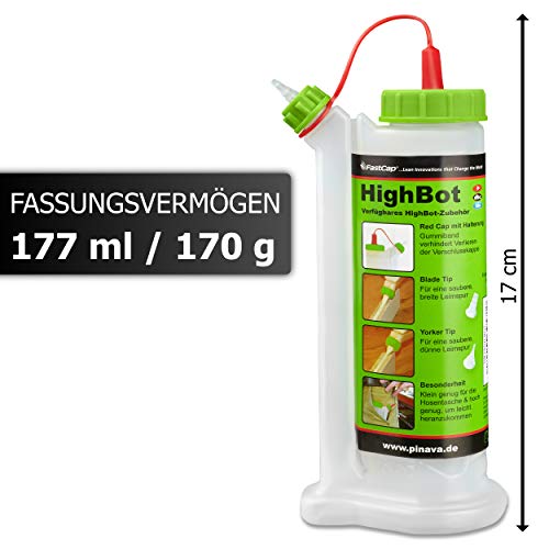Pinava® Leimflasche - Original HighBot (ca. 180ml) - Kein Drehen, kein Schütteln & kein Warten - Leimspender für Holzleim Inkl. 4 Spitzen - Sauberes Auftragen & Dosieren - FastCap Pinava Edition