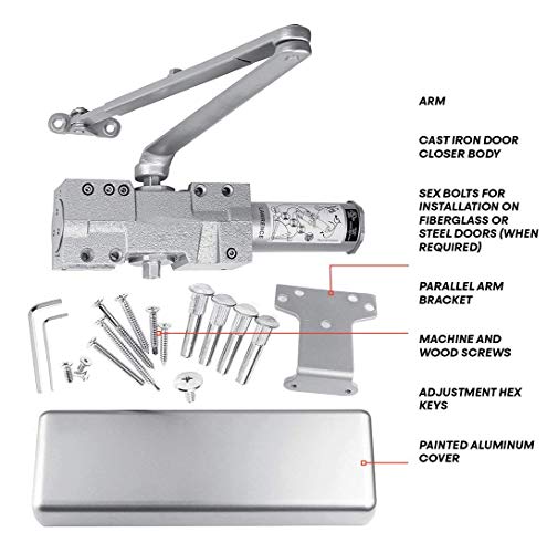 Door Closer Commercial Adjustable 1-6 Power Delayed Close Backcheck Latch Speed Powerful Cast Iron Construction Door Closer Tested to 10 Million Cycles Aluminum Finish LH8016