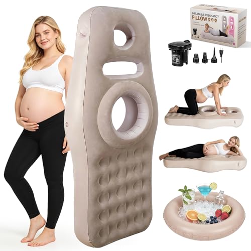 Inflatable Pregnancy Sleep Pillow: for Stomach Sleeping Full Body Mattress with Belly Hole Maternity Airbed for Pregnant Women Pregnancy Rest Back & Hip Pressure Relief (Khaki)