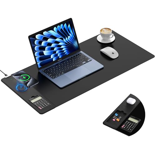 Image of TopMade Mouse Pad with 15W Wireless Charging, Removable 8-Digit Solar Calculator, 31.5 inch x 15.75 inch XXL Large Desk Pad, Gaming Computer Keyboard Pad, Waterproof Mousepad Home Office Desk Mat, Black