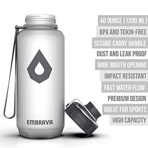 Image of Embrava Sports Water Bottle (40oz, White) Carry Ring - Fast Flow Wide Mouth