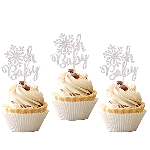 30 PCS Snowflake Oh Baby Cupcake Toppers Glitter Winter Oh Baby Snowflake Cupcake Picks Baby Shower Kids Birthday Christmas Party Cake Decorations Supplies Silver