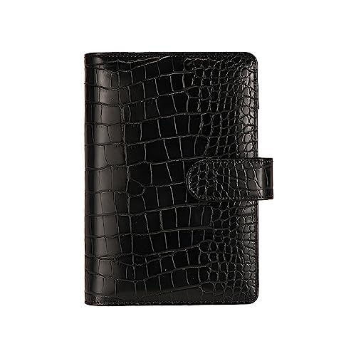 A6 Crocodile Budget Binder Cover - PU Leather Notebook Binder with Hidden Snap Buckle Small 6 Ring Refillable Journal Binder Black
