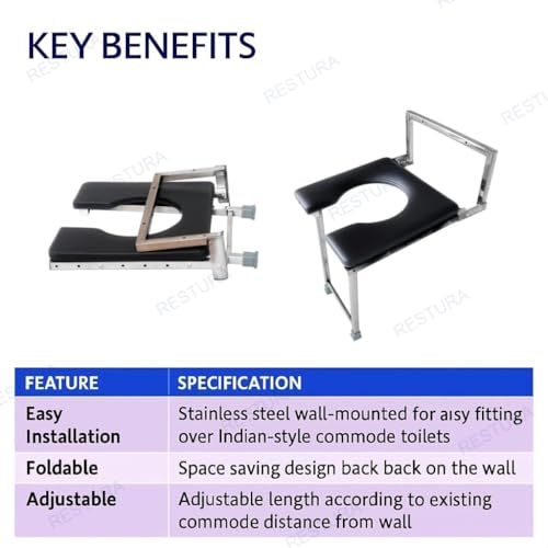 Image of Wall Mounted Commode Chair for Elderly & Patients | Portable Stainless Steel Support for Indian Toilet | Anti-Slip Lightweight Chair for Knee Pain, Pregnancy & Senior Citizens (Black)