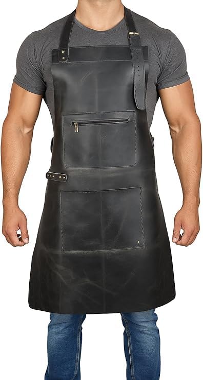 Genuine Premium Leather Apron for Men & Women, Adjustable Straps & 2 Tool Pockets With Zip