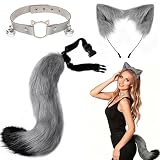 FuYelng 3 Piezas Disfraz de Gato para Mujer, Kit Disfraz Gata Accesorios con Orejas Gato Cola Collar Disfraces Carnaval Mujer, para Pascua Halloween Navidad Fiesta (Gris)