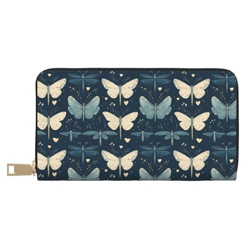 Leather Thin Slim Wallets for Women & Men - Elegant Butterfly Dragonfly Print Card Wallet Holder with Zipper
