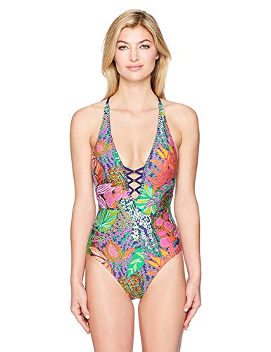 Trina Turk Women's Lattice Back Strappy Front One Piece Swimsuit, Purple/Green/Pink/Tropical Escape, 8