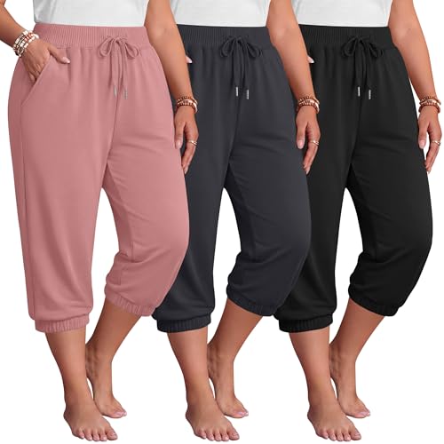 JoyMotion Plus Size Capri Joggers for Women 3 Pack 3 Colors 4X-Large