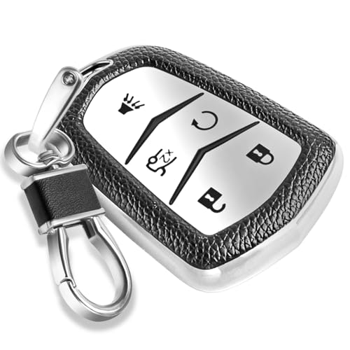 Image of Key Fob Cover for Cadillac, Leather-Style Keychain Tab, Silver