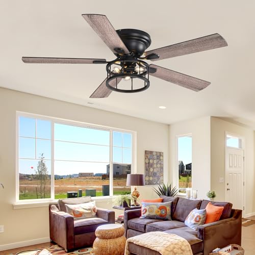 Breezary 52 Inch Flush Mount Farmhouse Rustic Ceiling Fan with Light and Remote, Reversible AC Motor, 5 Dual Finish Blades, Industrial Low Profile Black Ceiling Fan light for Bedroom Living room Home by Breezary - Image 6