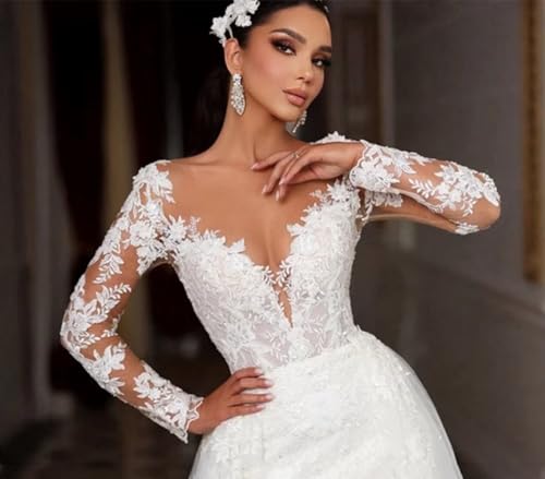 Long Sleeve Mermaid Wedding Dresses for Bride Lace Tulle Beach Bridal Gowns with Detachable Train3