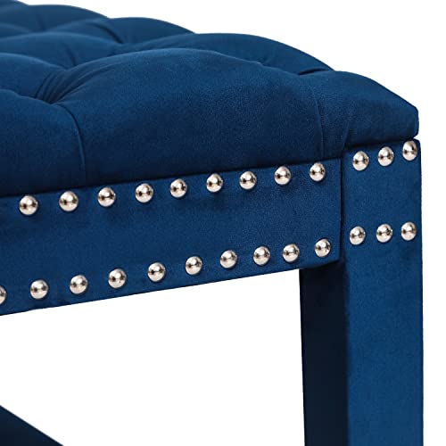 Homebeez Large Square Storage Ottoman Button Tufted Coffee Table Footstool Footrest, Velvet Bench For Living Room Bedroom, Dark Blue #TOP4