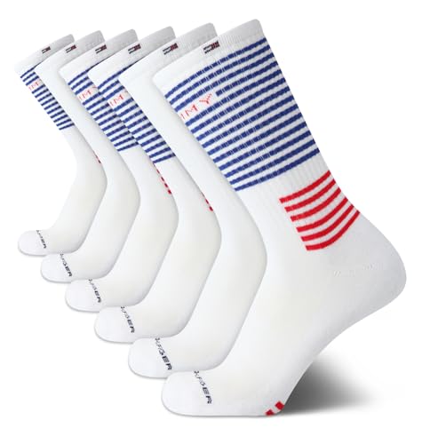 Tommy Hilfiger Men's Crew Socks - 6 Pack Performance Comfort Cushioned Athletic Socks - Breathable Crew Socks for Men (7-12), Size 7-12, White Stripe