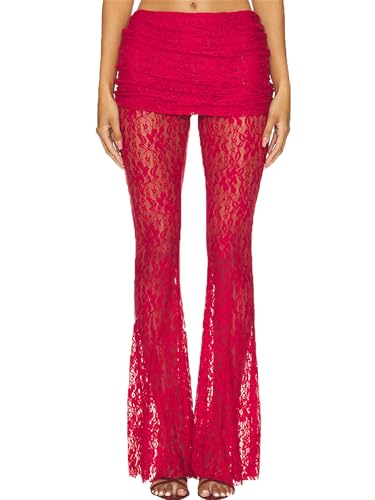 Acrawnni Damen-Leggings mit Spitze, sexy elastische Taille, durchsichtig, ausgestellt, Netzstoff, Bootcut-Hose, rot (a), S