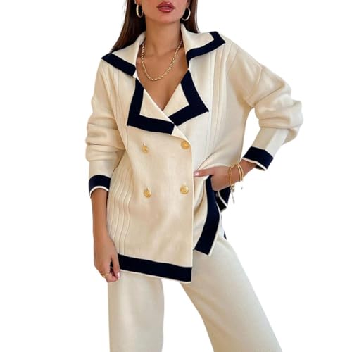 chouyatou Women's Double Breasted Color Block Knit Cardigan Sweater Notched Lapel Oversized Jacket Coat