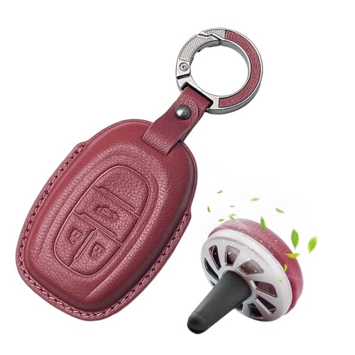 Image of Keyzone Premium Leather Key Cover & AC Vent Car Perfume Combo (4 Fragrances) | Compatible for MG Gloster 3 Button Smart Key. (Red)