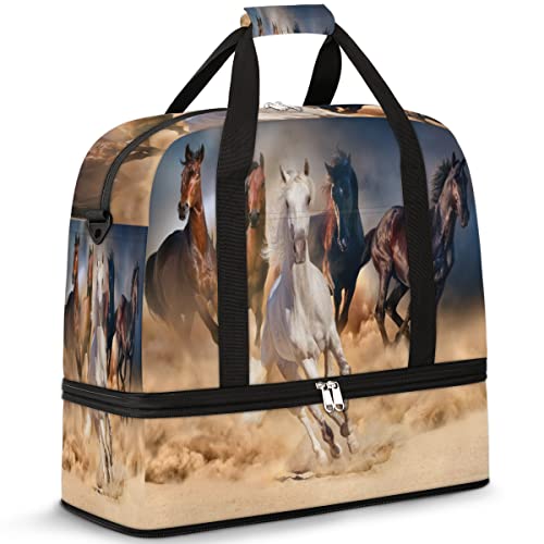 Animal Horse Running Travel Duffel Bag, Sport Gym Bag with Shoe Compartment Shoulder weekender Bag Foldable Overnight Bag for Women Men